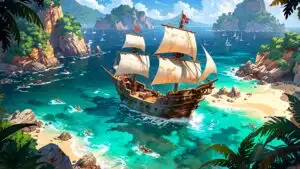 Pirate Ship Sailing Towards Hidden Cove