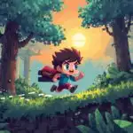 Pixel Art Character Running Forest Scene Retro