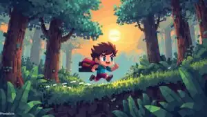 Pixel Art Character Running Forest Scene Retro