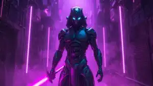 Quantum Samurai Android in Dim Purple Alley