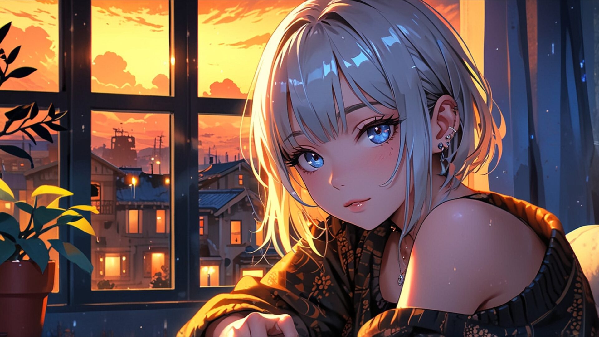 quiet evenings and city lights wallpaper, anime, anime girl by window, anime mood wallpaper, calm anime scenery, chill anime aesthetic, cozy anime wallpaper, cozy room anime, dreamy anime room, desktop, mobile, background