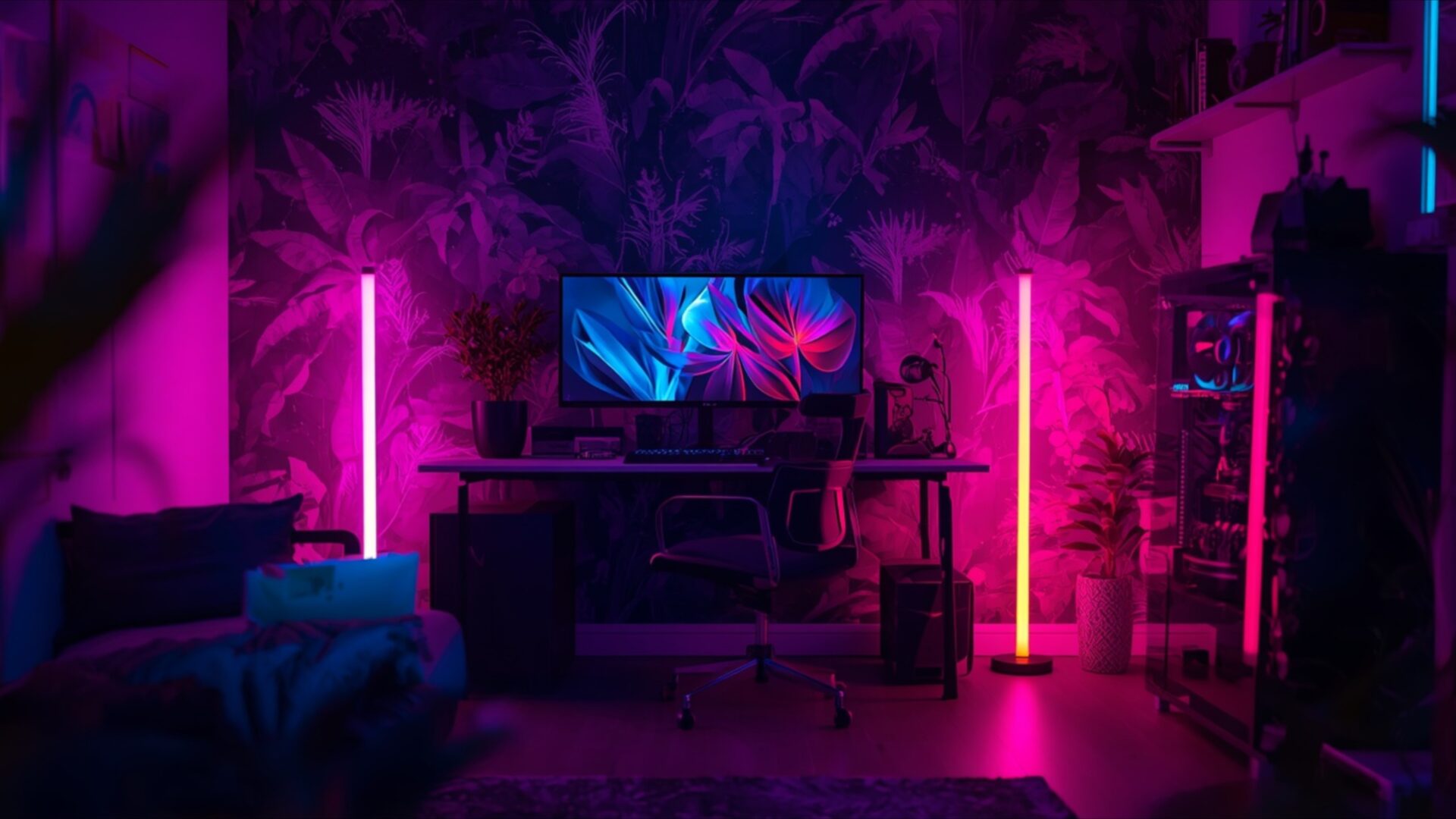 rgb floor lamps in gamer room wallpaper, gaming & esports, aesthetic style, gaming room, modern vibe, neon glow, pc setup, rgb floor lamps, soft lights, desktop, mobile, background