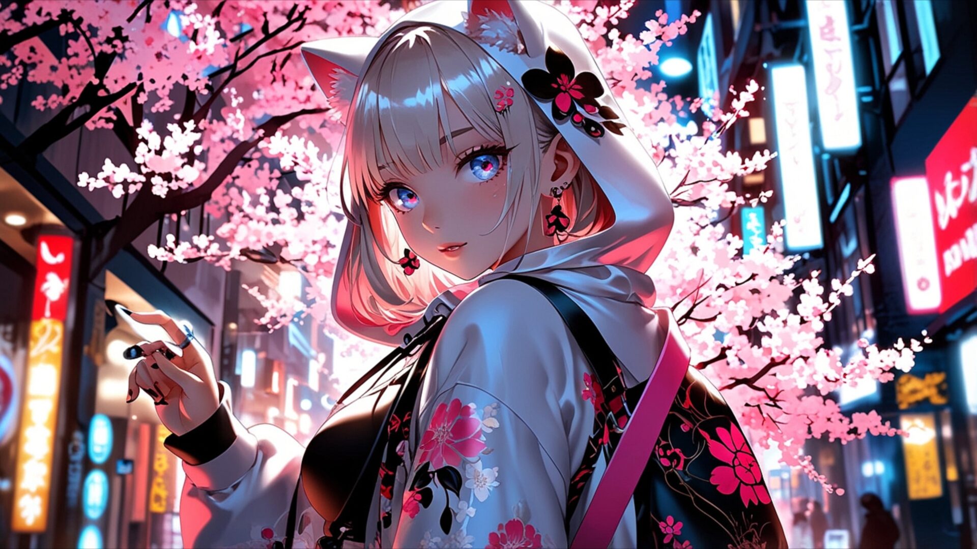 sakura neon whispers wallpaper, manga, aesthetic anime wallpaper, anime cherry blossoms, anime city lights, anime fashion, anime girl, anime hoodie, anime illustration, desktop, mobile, background
