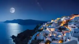 Santorini Full Moon Over White Village