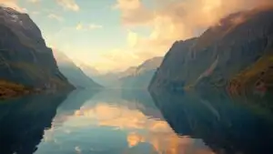 Serene Norwegian Fjord Reflection at Sunset