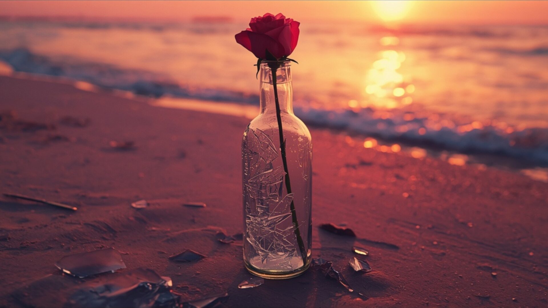 shattered glass bottle with rose wallpaper, heartbreak, bottle, heartbreak, rose, sadness, shattered, desktop, mobile, background