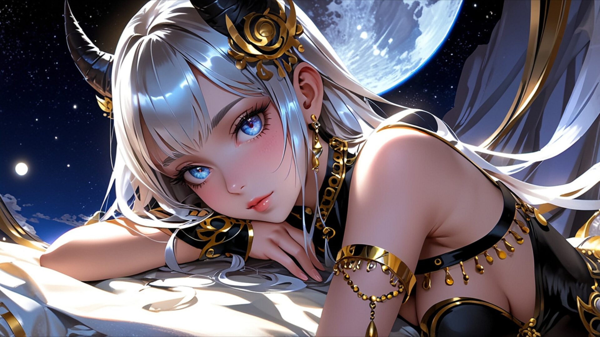 soft as the moon wallpaper, manga, aesthetic wallpaper, anime artwork, anime girl, beautiful anime girl, blue eyes, celestial beauty, detailed portrait, desktop, mobile, background