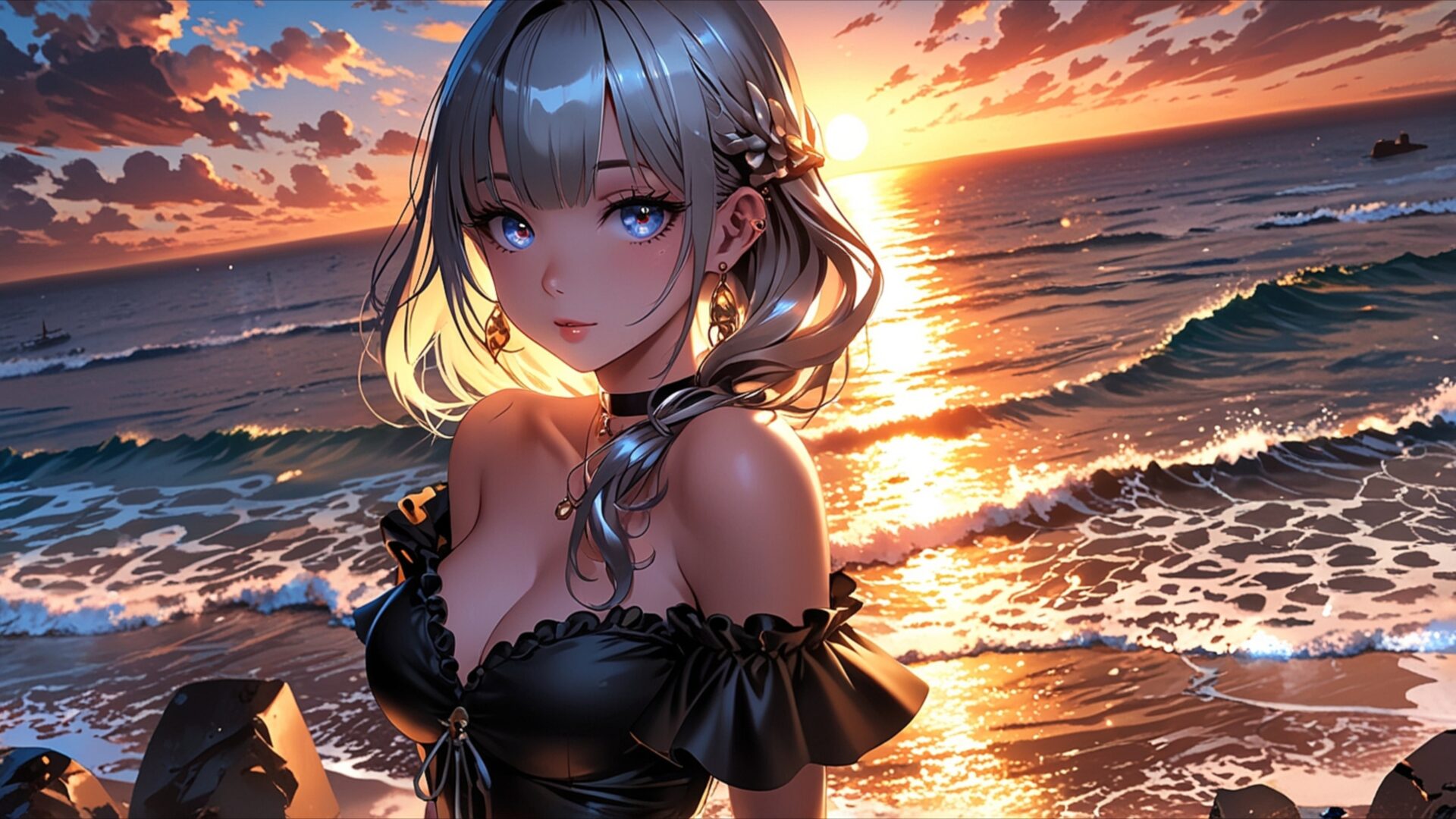 stay a little longer wallpaper, manga, aesthetic wallpaper, anime artwork, anime beach girl, anime girl, beach scenery, beautiful girl, blue eyes, desktop, mobile, background