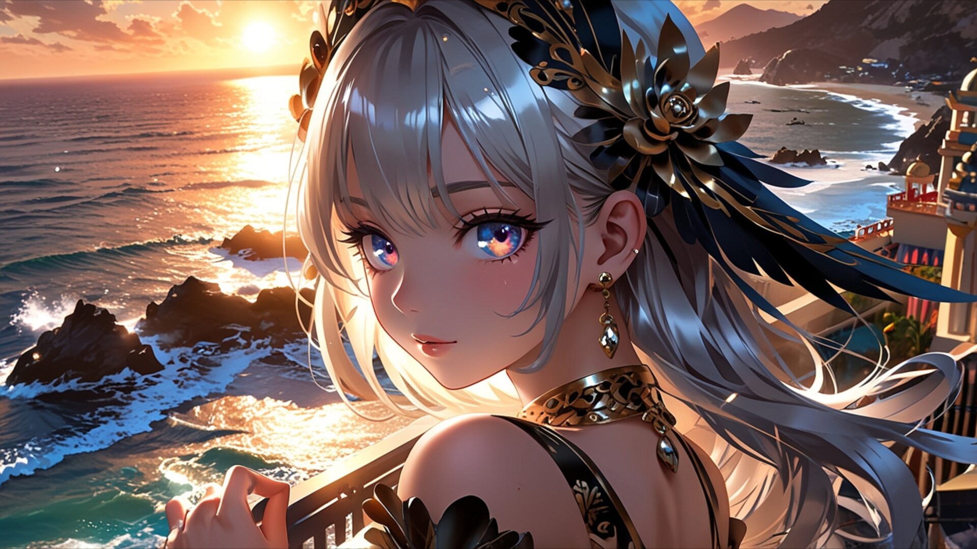 sunset dreams by the sea wallpaper, anime & games fantasy, anime beach sunset, anime coastline, anime nature wallpaper, anime ocean wallpaper, anime scenery, anime seaside, anime sunset view, desktop, mobile, background