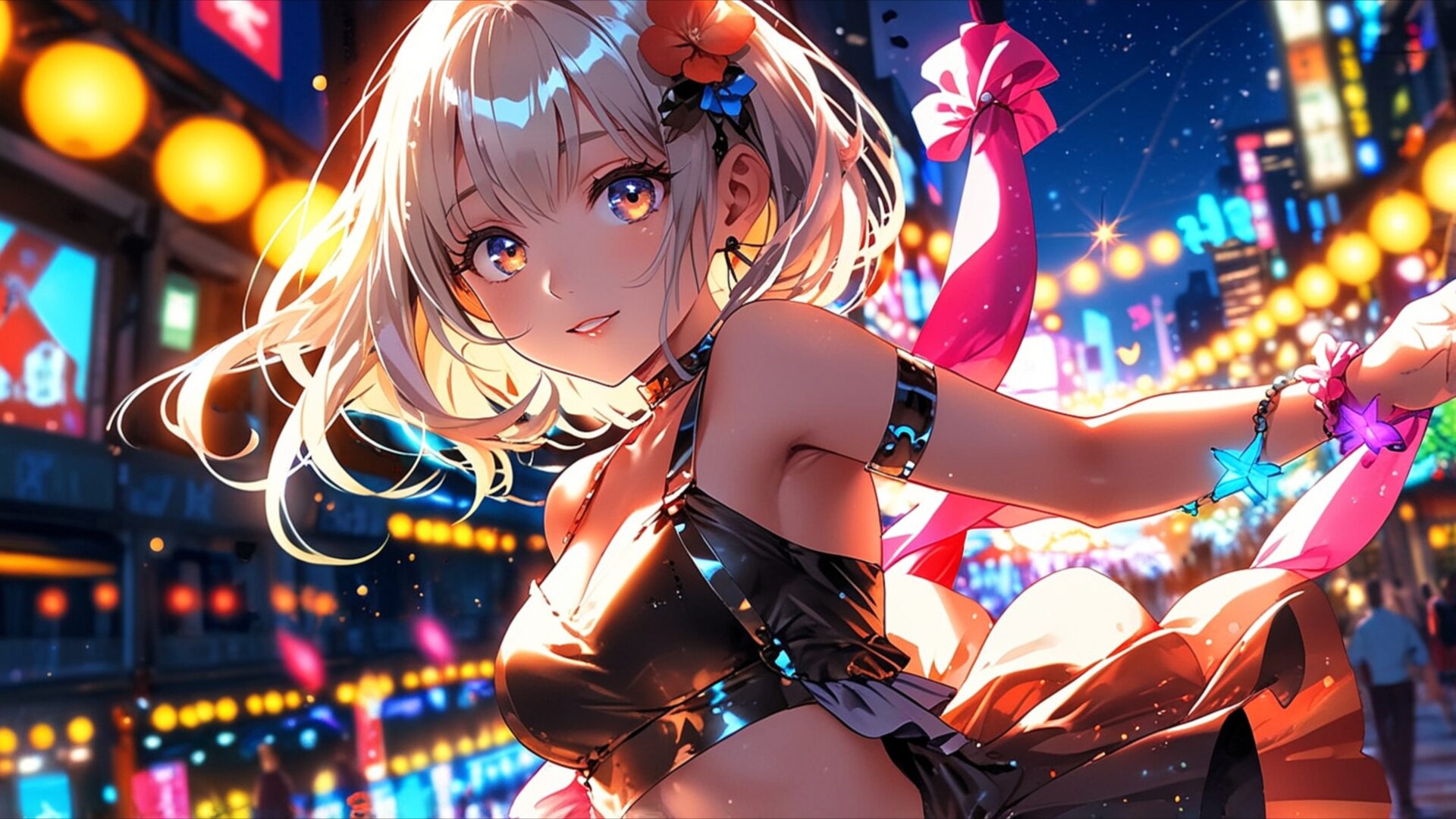 festival lights fantasy wallpaper, manga, anime aesthetic, anime beauty, anime girl, anime portrait, anime wallpaper, city festival, colorful city lights, desktop, mobile, background