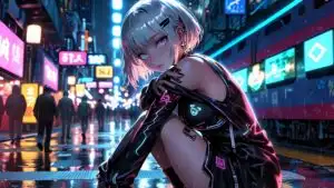 Neon Cyberpunk Girl at Train Station
