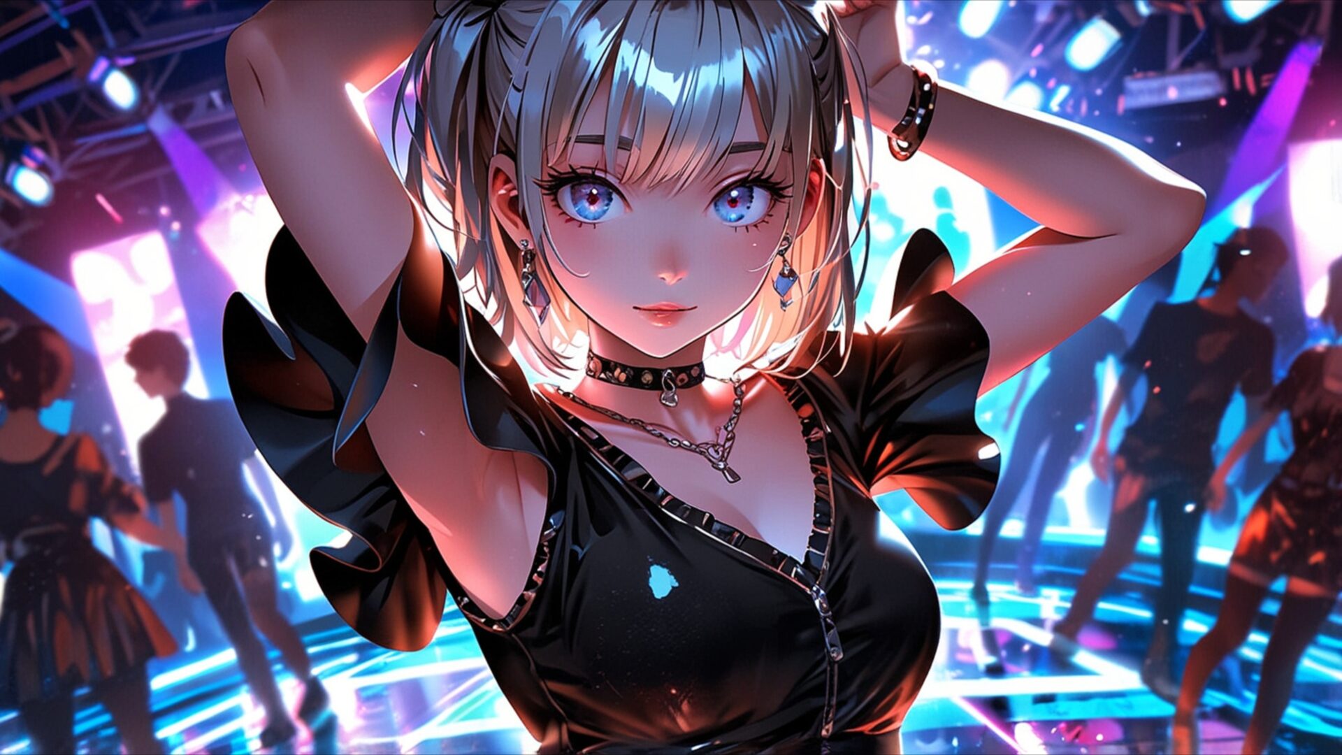 neon dancefloor dreams wallpaper, manga, anime dance scene, anime edm, anime female, anime girl, anime music wallpaper, anime wallpaper, colorful anime girl, desktop, mobile, background