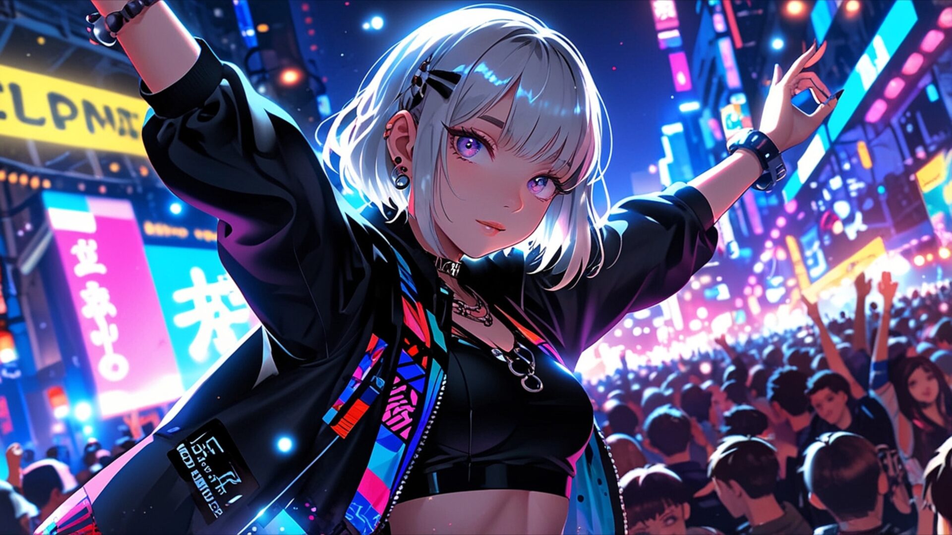 neon festival anime girl wallpaper, anime, anime art, anime concert, anime girl, anime wallpaper, club scene, colorful lights, concert atmosphere, desktop, mobile, background
