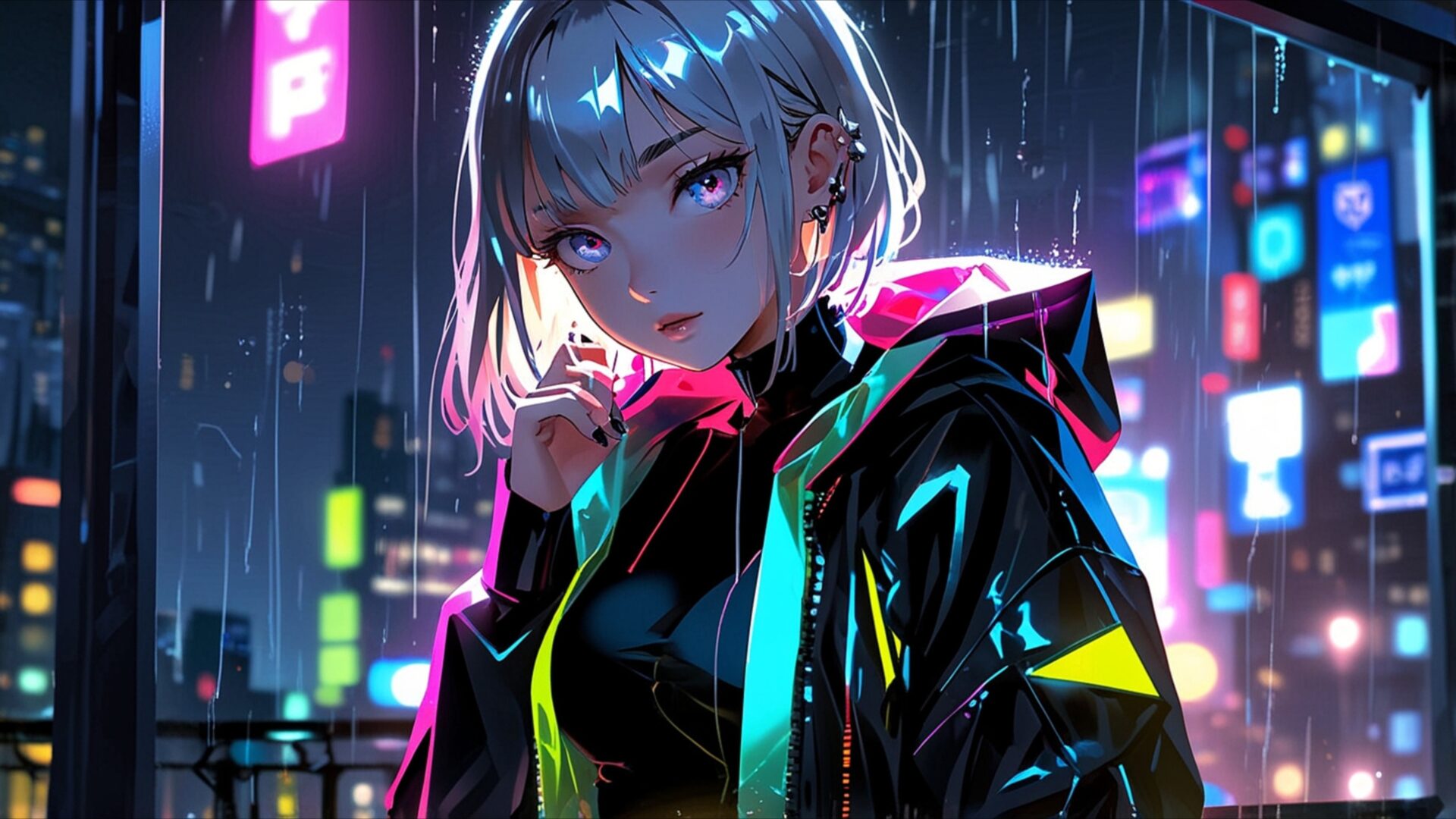 neon rain cyberpunk girl anime wallpaper, anime & games fantasy, anime art, anime background, anime girl, anime wallpaper, blue neon, city lights, cyber city, desktop, mobile, background