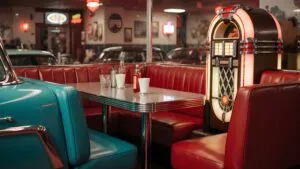 50s Diner Jukebox Booth Chrome Red Teal Aesthetic