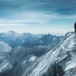 A Lone Climber on an Icy Ridge