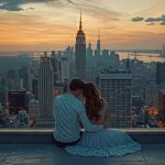 Aesthetic Couple Sitting On Rooftop City View