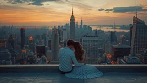 Aesthetic Couple Sitting On Rooftop City View