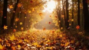 Autumn Leaves Falling Golden Light Path