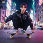 BTS Jungkook Riding a Skateboard in Neon City