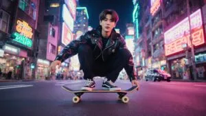 BTS Jungkook Riding a Skateboard in Neon City