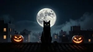 Black Cat On Rooftop Moonlight