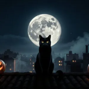 Black Cat On Rooftop Moonlight