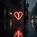 Broken Neon Heart Sign on Dark Wet Street