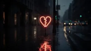 Broken Neon Heart Sign on Dark Wet Street