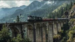 Cargo Train Crossing Mountain Bridge
