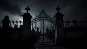 Cemetery Gate Iron Fence Dark Sky