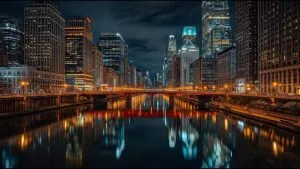 Chicago Loop River Reflection Night