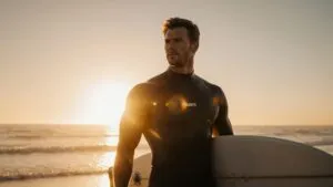 Chris Hemsworth carrying surf wax on sunrise shore