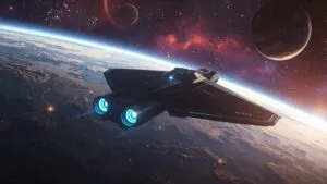 Cinematic Spaceship Orbiting Planet Scene