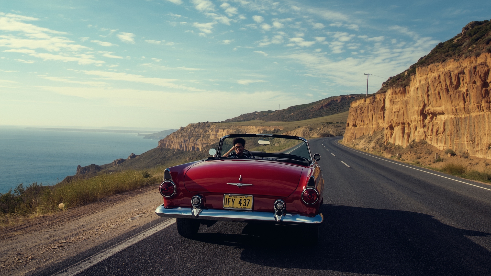 classic red convertible driving coastal highway wallpaper, cars & vehicles, classic, coastal, convertible, highway, red, road-trip, desktop, mobile, background