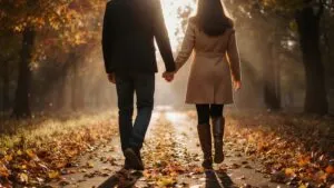 Couple Holding Hands Walking Path Autumn Leaves