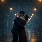 Couple Hugging Under Rainy Streetlights