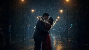 Couple Hugging Under Rainy Streetlights