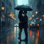 Couple Kissing Under Umbrella Rainy City Street