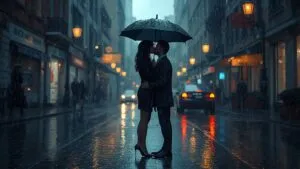 Couple Kissing Under Umbrella Rainy City Street