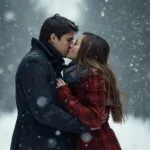 Couple Kissing in Winter Snowfall