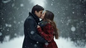Couple Kissing in Winter Snowfall