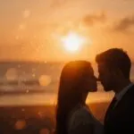 Couple Silhouette Beach Sunset Golden Hour Wide