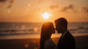Couple Silhouette Beach Sunset Golden Hour Wide