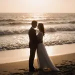 Couple Silhouettes Distant Beach Waves