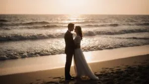 Couple Silhouettes Distant Beach Waves
