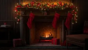 Cozy Fireplace with Christmas Stockings Hanging