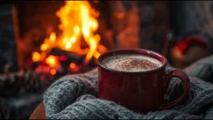 Cozy Winter Scene Hot Cocoa Mug Fire