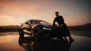 Cristiano Ronaldo Leaning on a Sports Car at Dusk