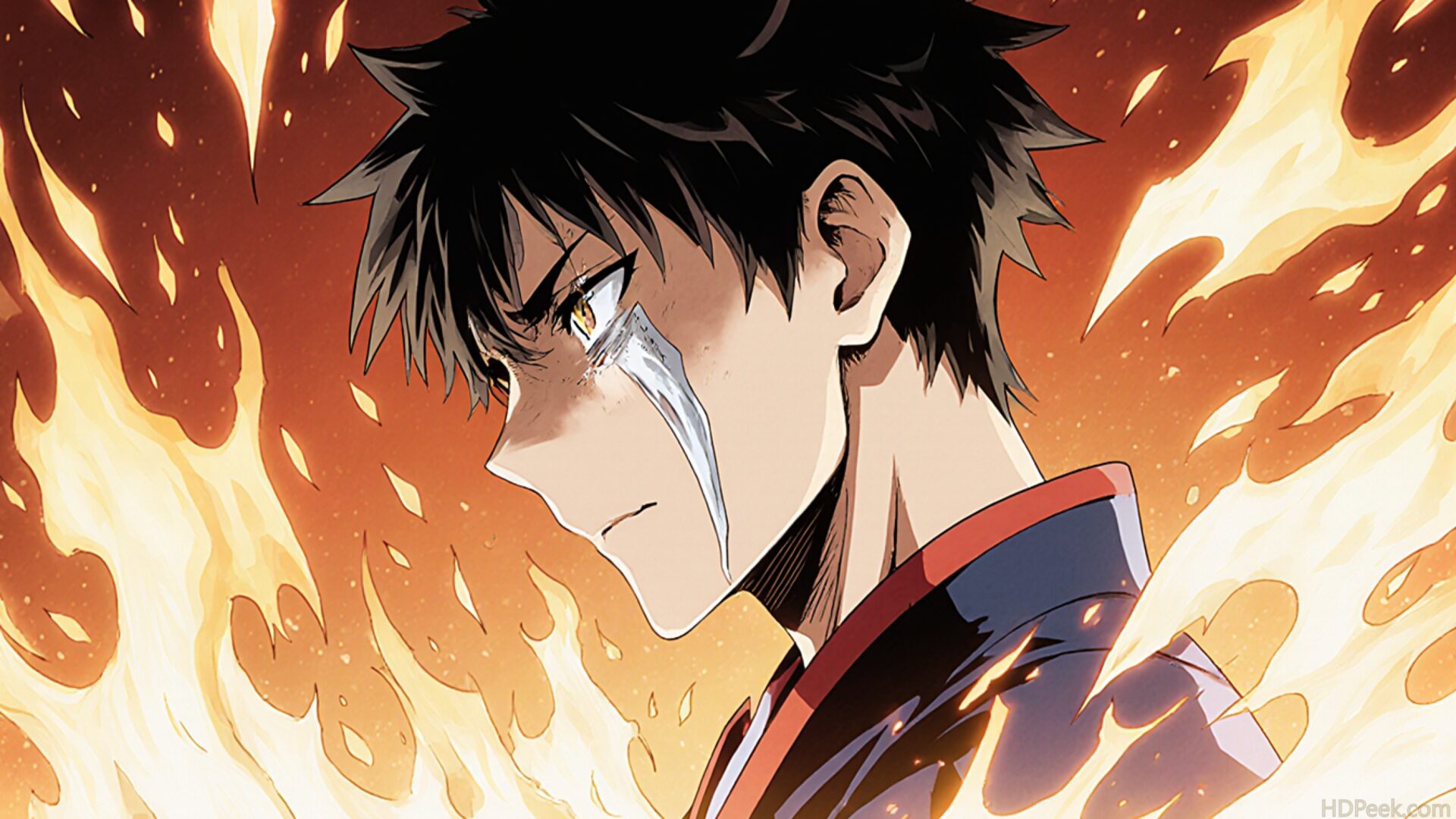 crying hero surrounded by fire ash cinematic wallpaper, manga, cinematic, crying hero, defeat, emotional, sacrifice, surrounded by fire ash, desktop, mobile, background